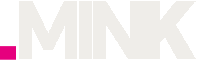 Logo MINK in Weiß mit einem pinken Quadrat vor dem Wort. Minkdesign bietet Design und Programmierung von Webseiten und Print in Köln an.
